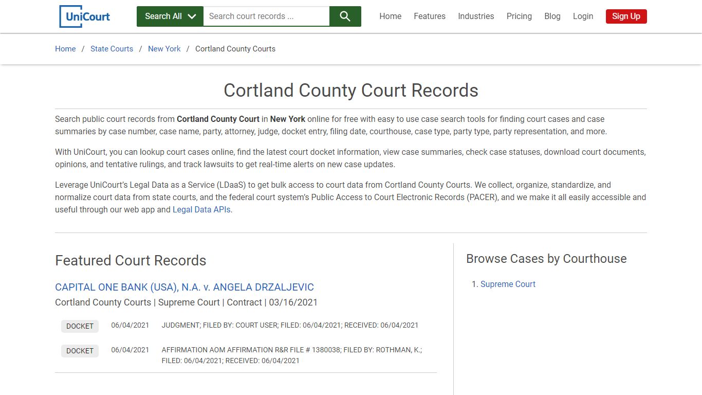 Cortland County Court Records | New York | UniCourt